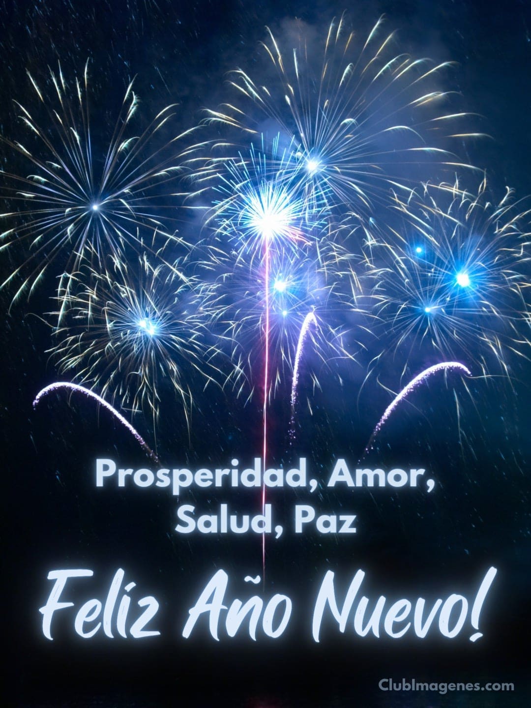 fuegos artificiales azules con mensaje de feliz año nuevo