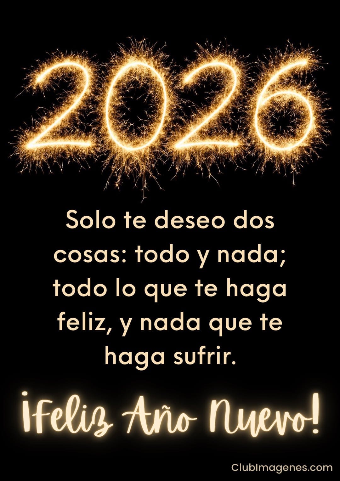 Chispas de fuego forman '2026' y un mensaje de Año Nuevo deseando felicidad y ausencia de sufrimiento