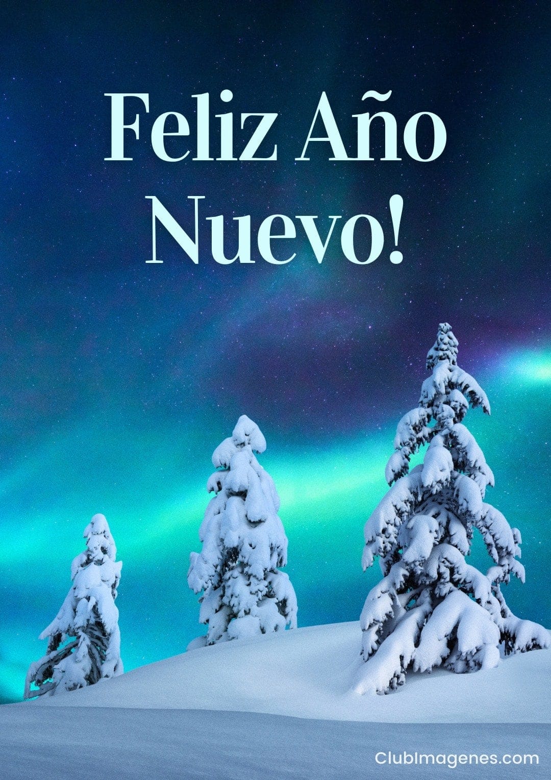 Paisaje invernal con árboles cubiertos de nieve y auroras boreales con el texto 'Feliz Año Nuevo'