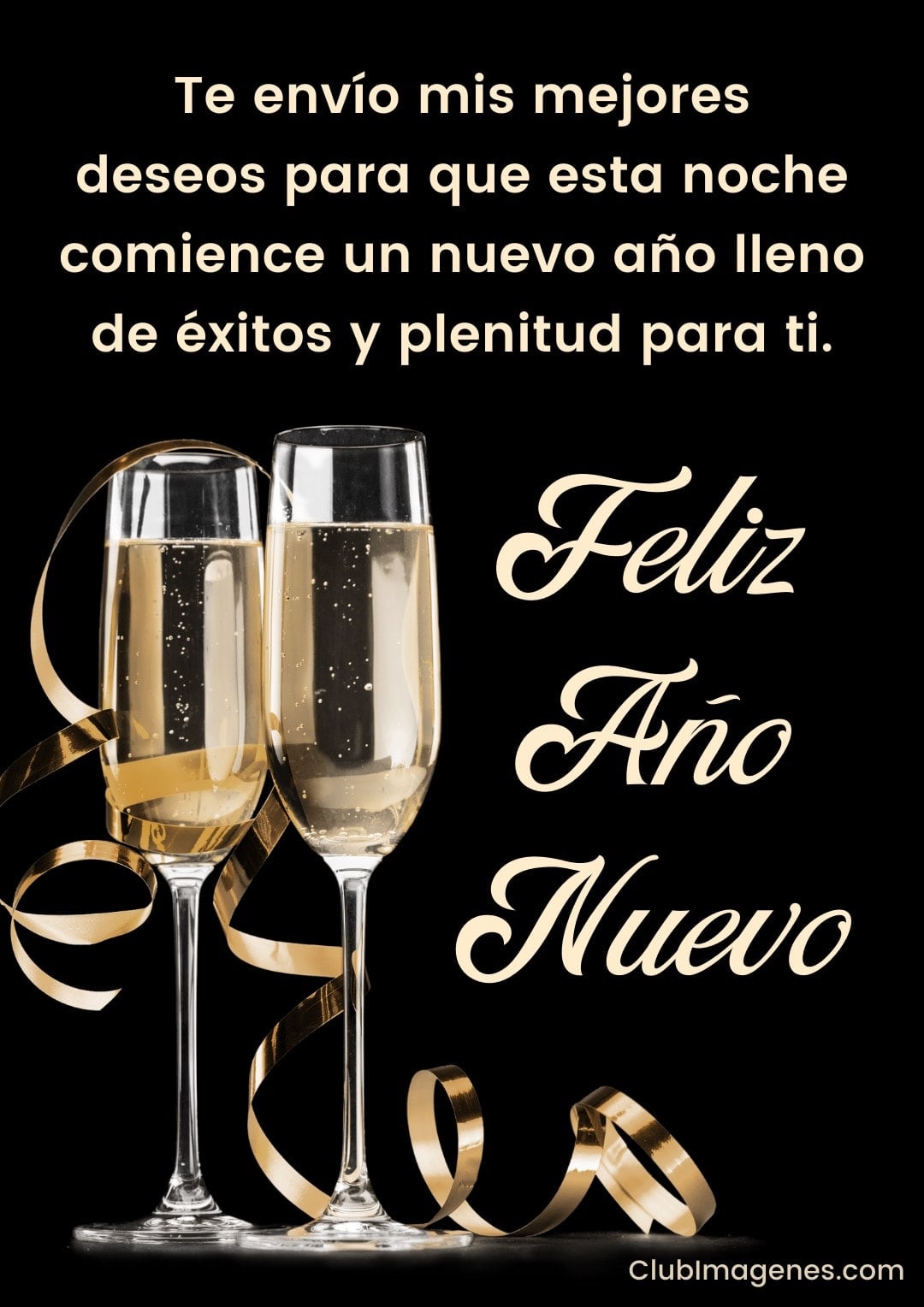 Dos copas de champán con cinta dorada y mensaje deseando éxitos y plenitud en el Año Nuevo
