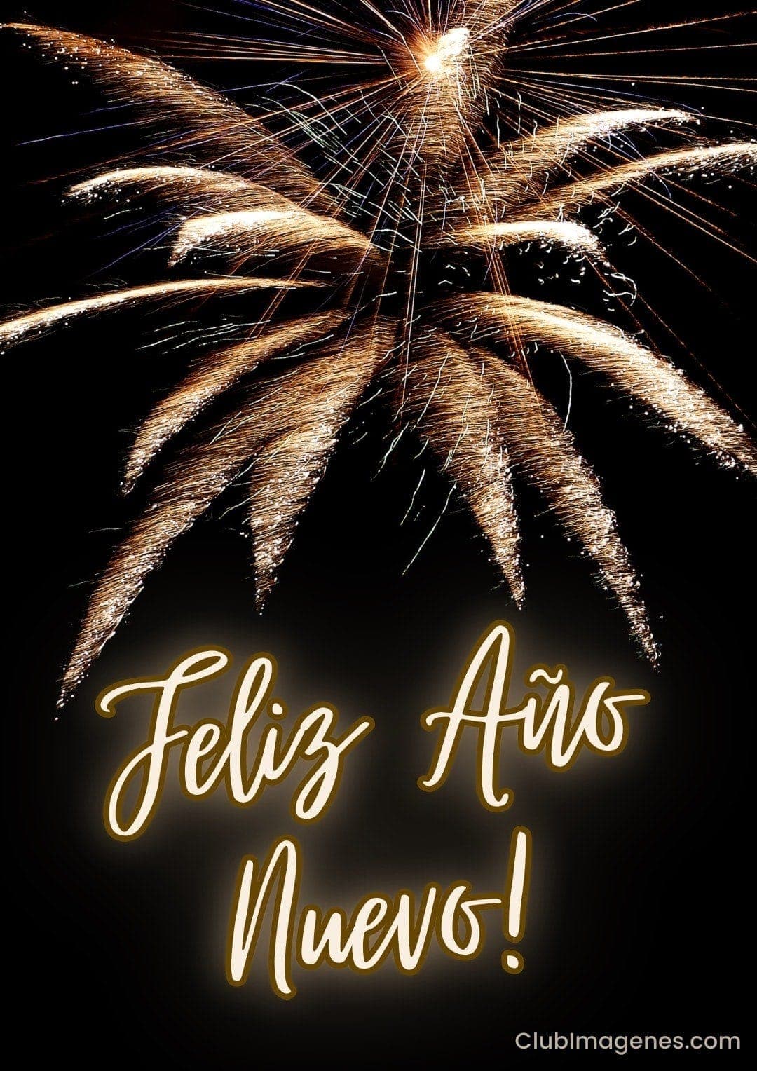 Fuegos artificiales dorados sobre fondo negro con las palabras 'Feliz Año Nuevo' en letras brillantes
