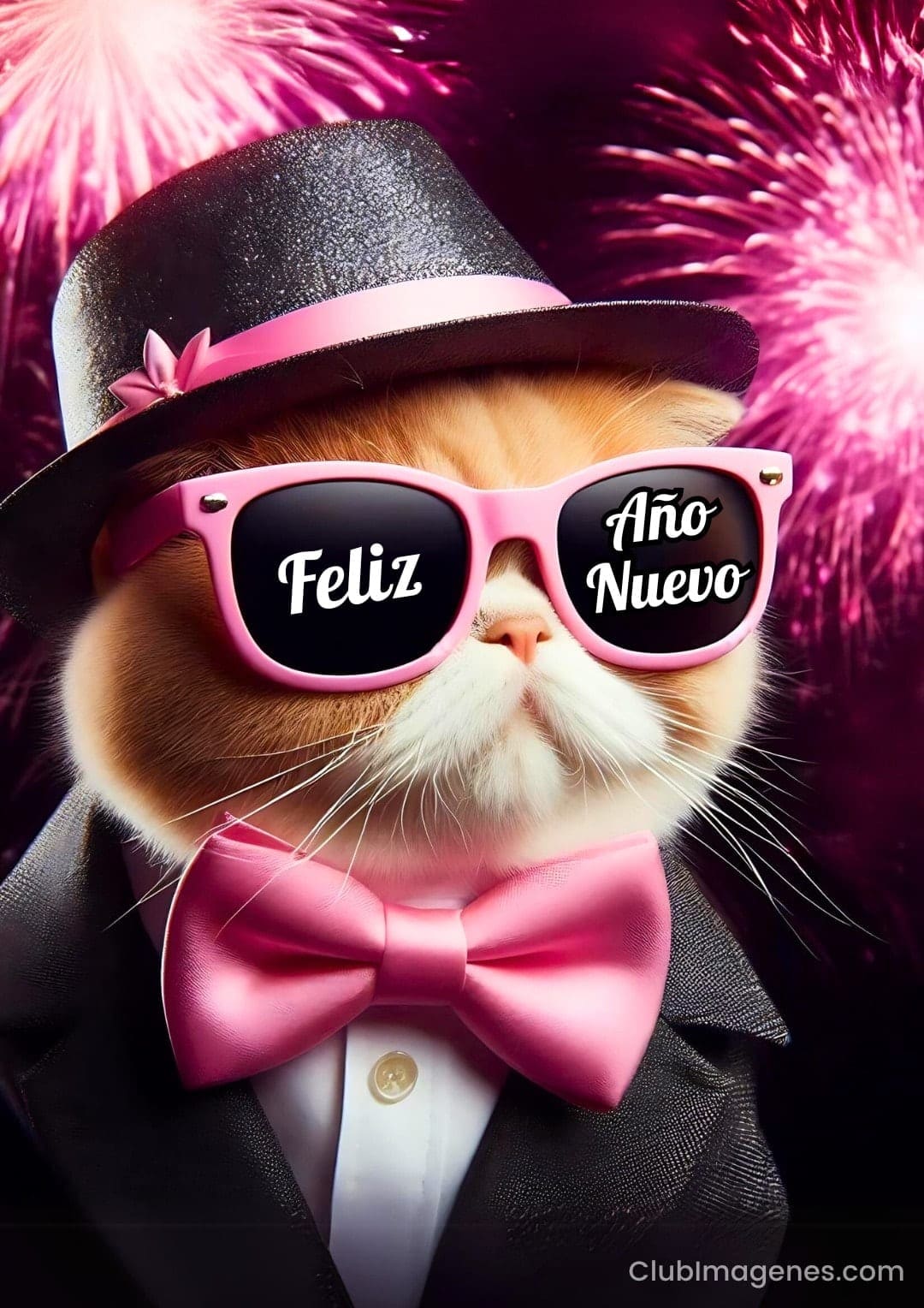 Un gato con sombrero, gafas que dicen 'Feliz Año Nuevo' y corbata rosa celebra con fuegos artificiales de fondo