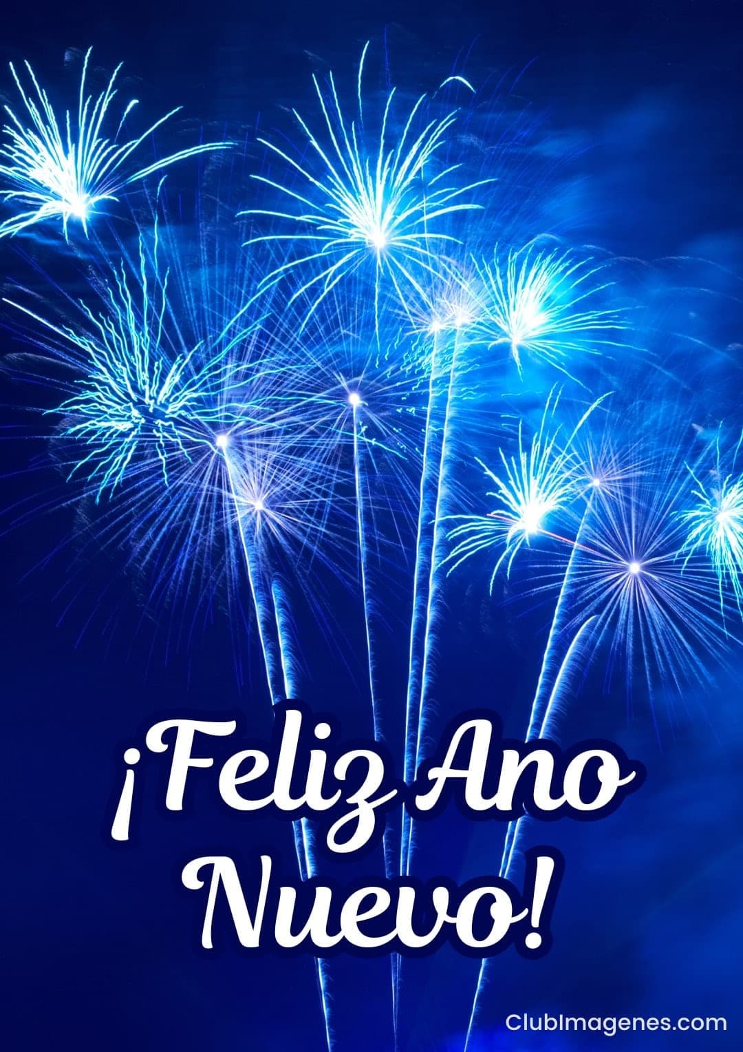 Fuegos artificiales azules iluminan el cielo nocturno con un mensaje de ¡Feliz Año Nuevo!