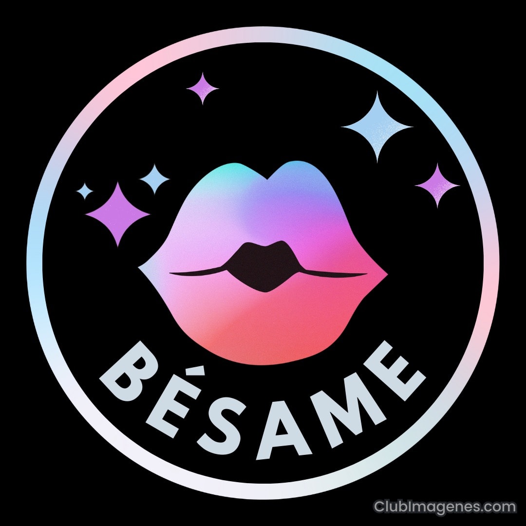 Labios coloridos rodeados por estrellas con la palabra 'BÉSAME' debajo, todo en un círculo negro y blanco