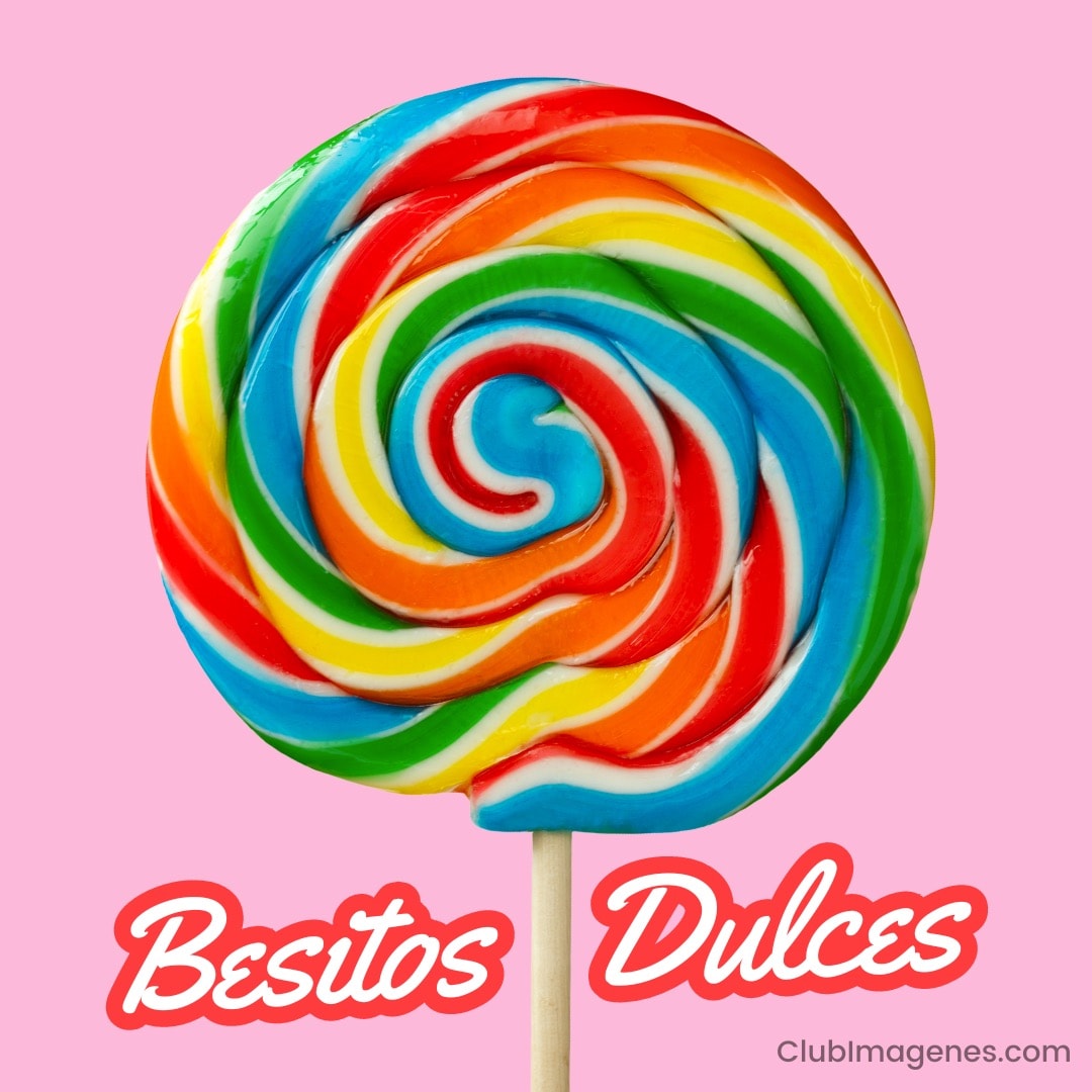 Un colorido caramelo de espiral sobre fondo rosa con las palabras 'Besitos Dulces'