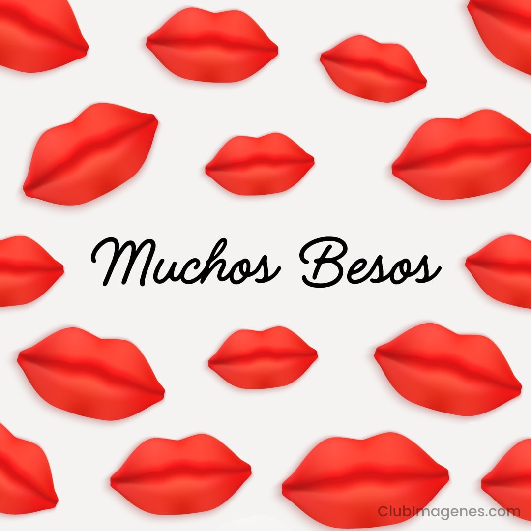 Fondo blanco con múltiples labios rojos y el texto 'Muchos Besos' en negro