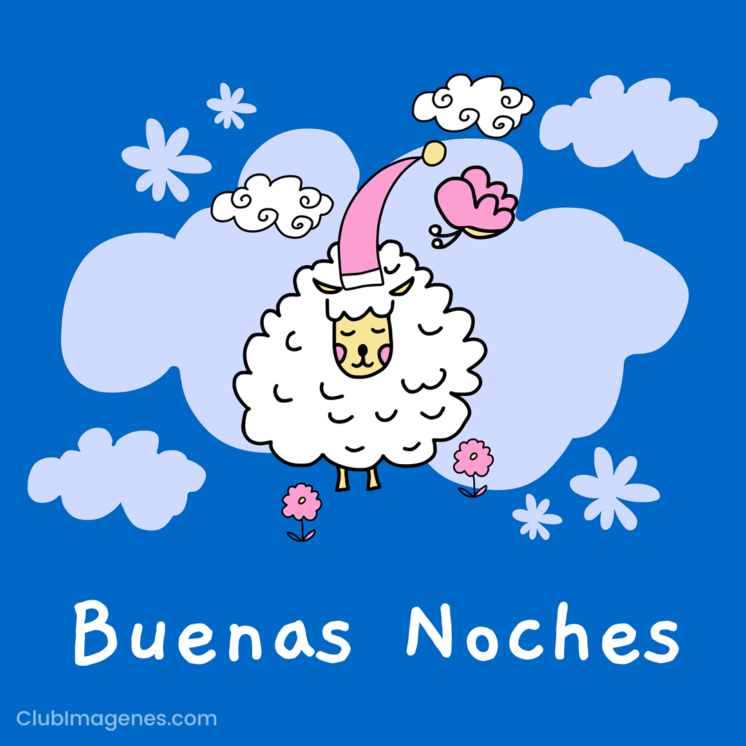 Ilustración de ovejas con gorro de dormir rosa con nubes azules y palabras: buenas noches