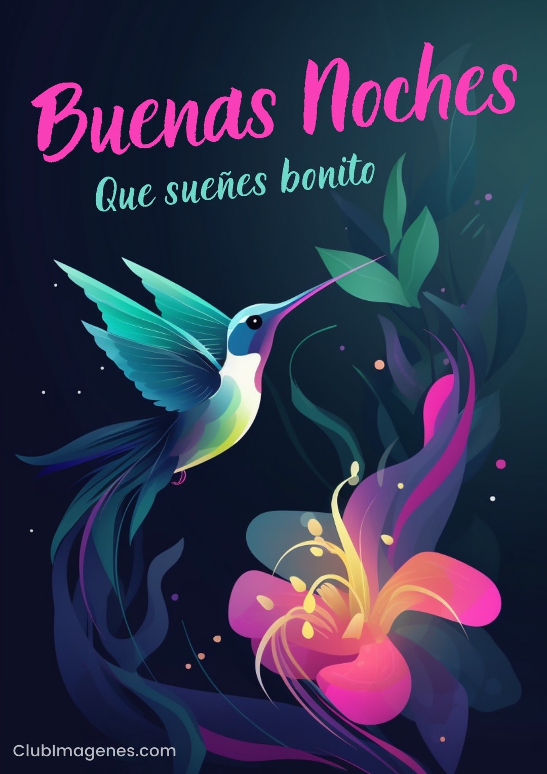 ilustración de colibrí de fantasía y flores en la noche