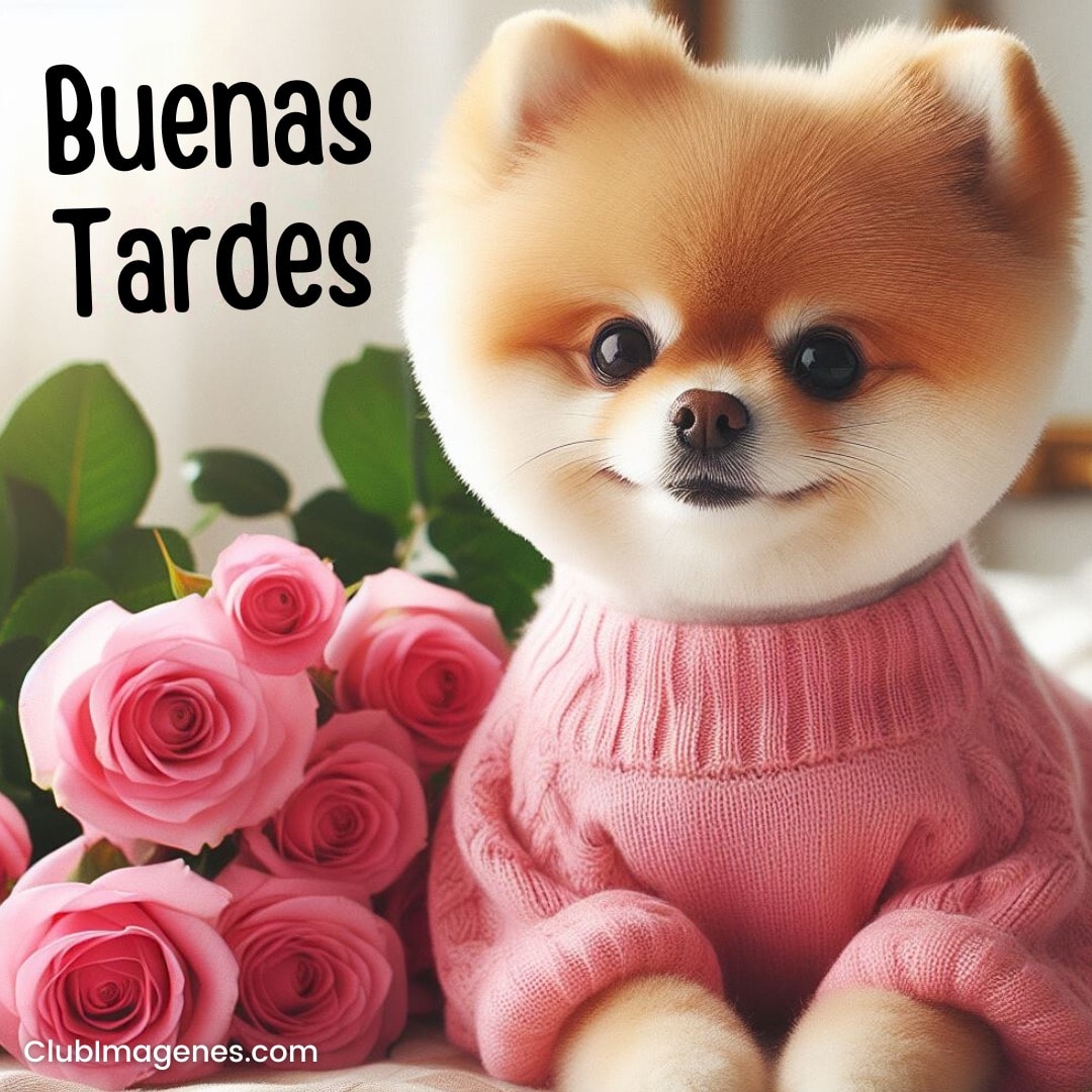 Un Pomerania con suéter rosa junto a rosas, texto 'Buenas Tardes' arriba