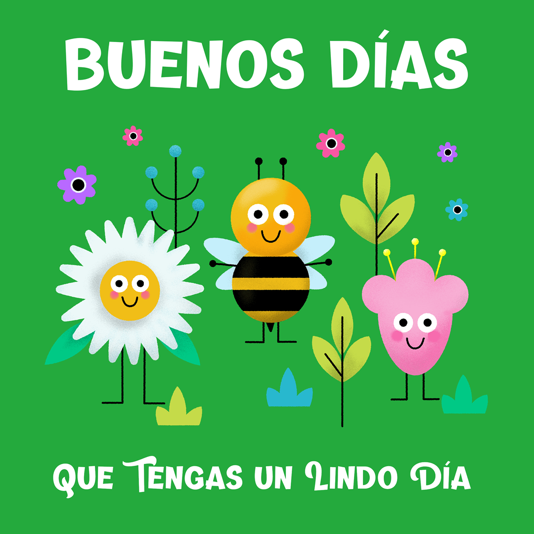 ilustración de abeja y flores sonrientes, con mensaje de buenos días