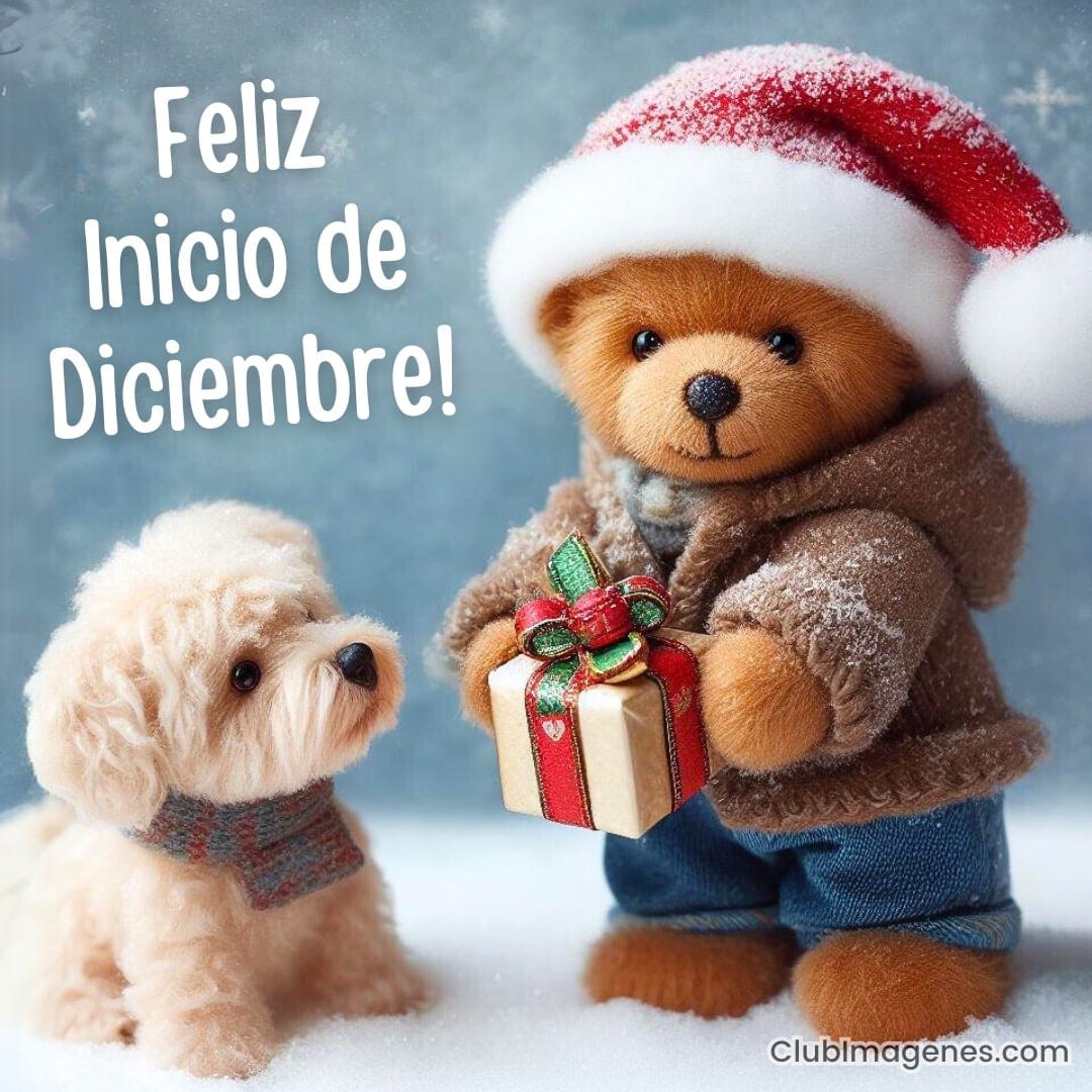 Un tierno oso de peluche con gorro navideño y un perrito observan un regalo, ambientados en un paisaje invernal