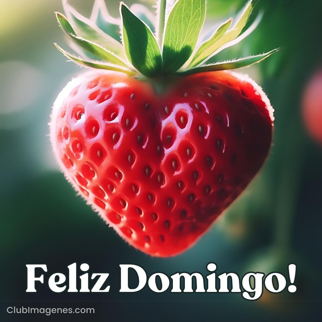 Una fresa roja en forma de corazón con hojas verdes y el saludo 'Feliz Domingo'