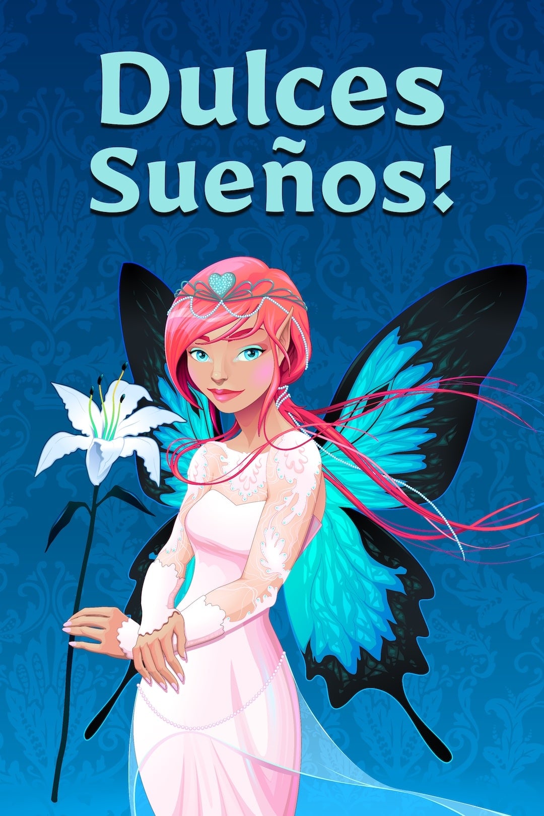 hada con cabello rosado y alas azules sosteniendo una flor, con texto: dulces sueños
