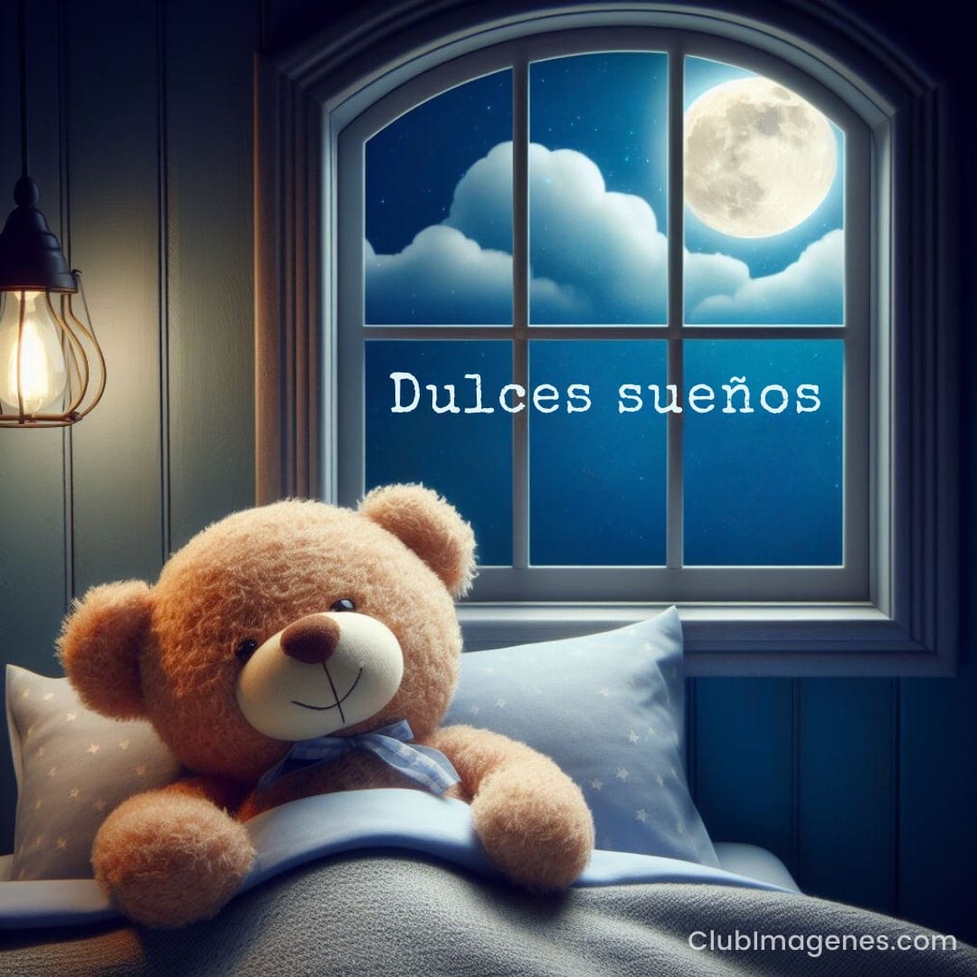 Un osito de peluche en una cama, con la luna visible a través de la ventana y las palabras 'Dulces sueños'