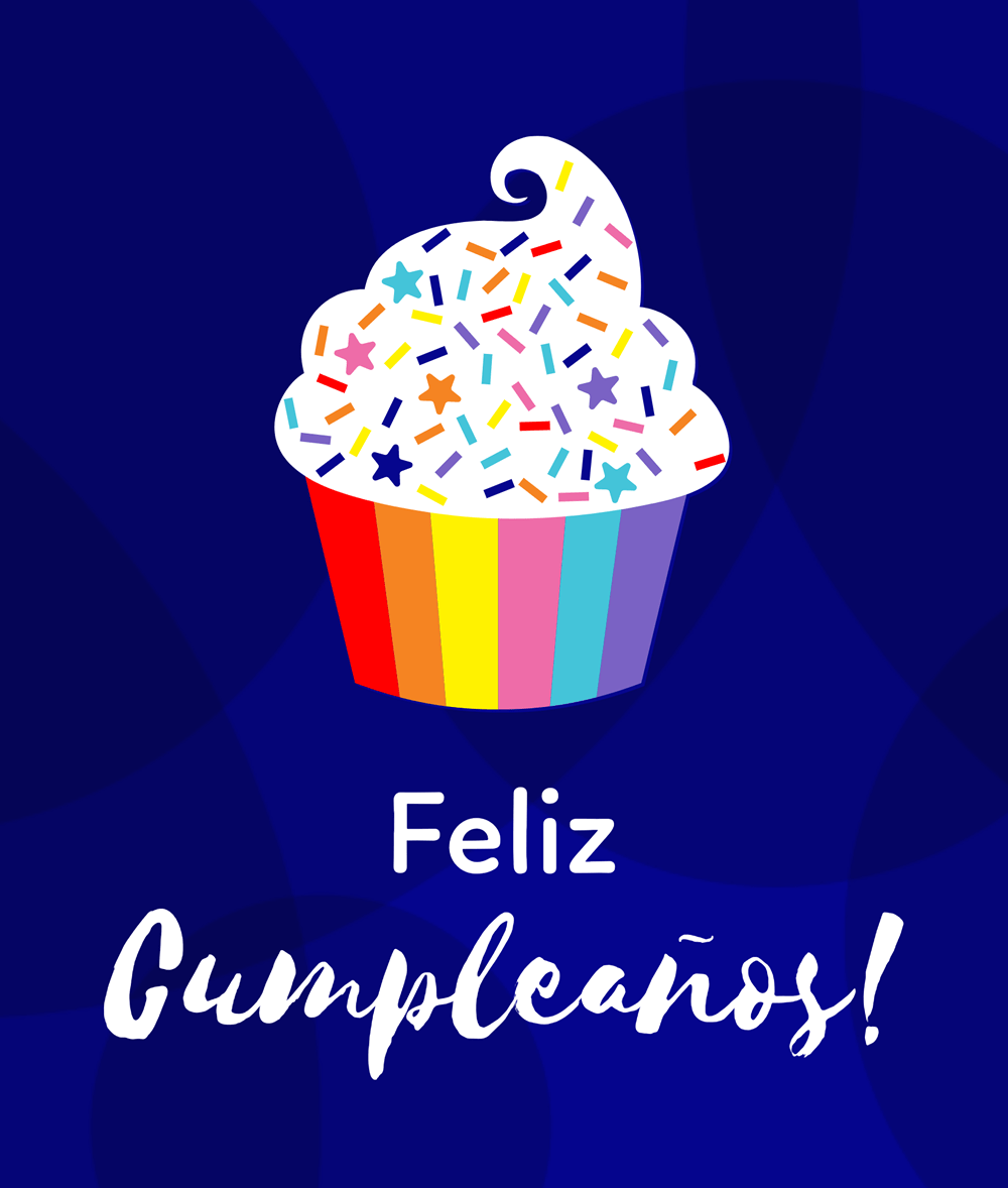 cupcake con chispitas multicolores y texto: feliz cumpleaños