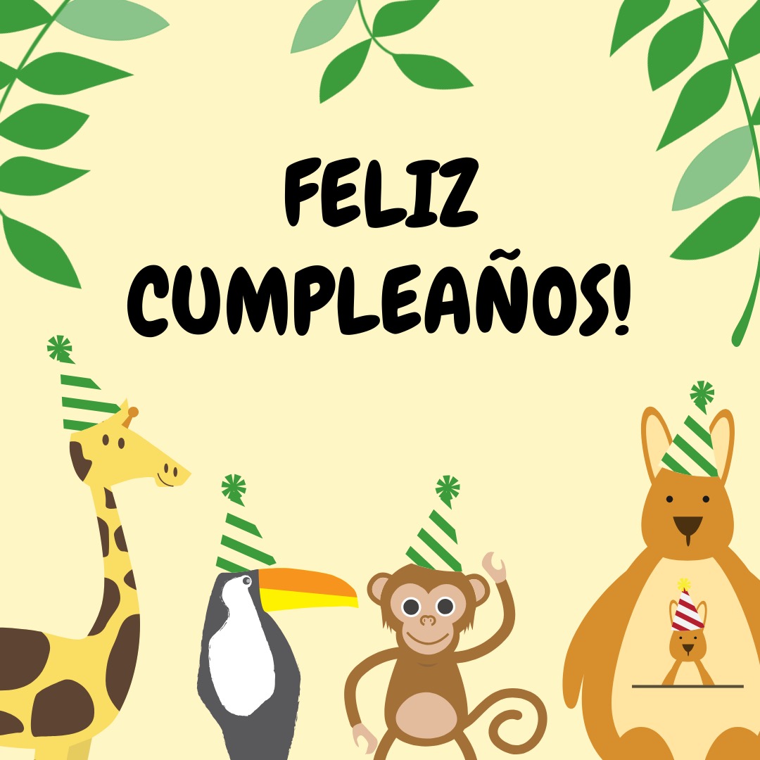 jirafa, tucán, mono y canguro con bebé, con sombreros de fiesta, con texto: feliz cumpleaños