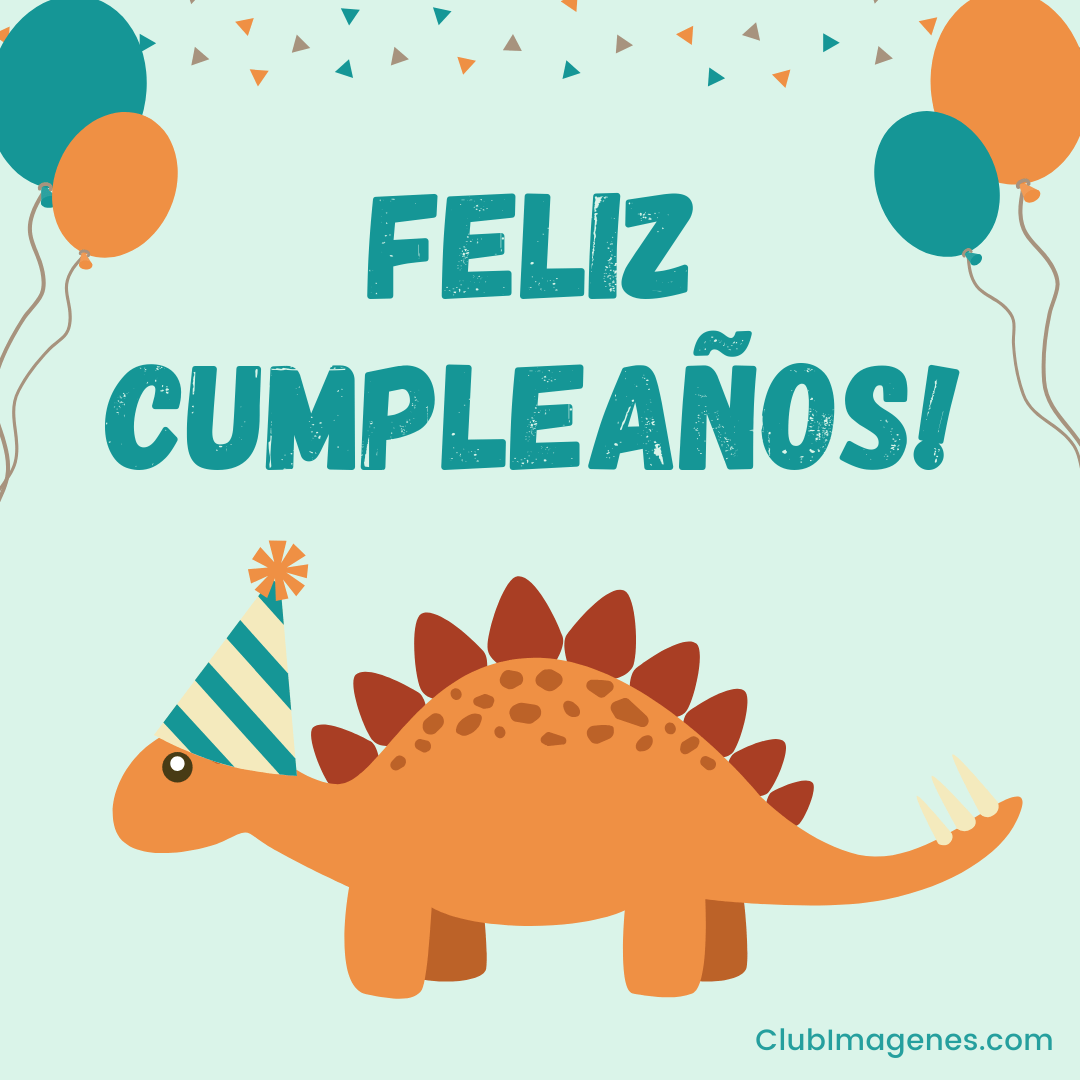 lindo dinosaurio naranja con gorro de fiesta y texto: feliz cumpleaños
