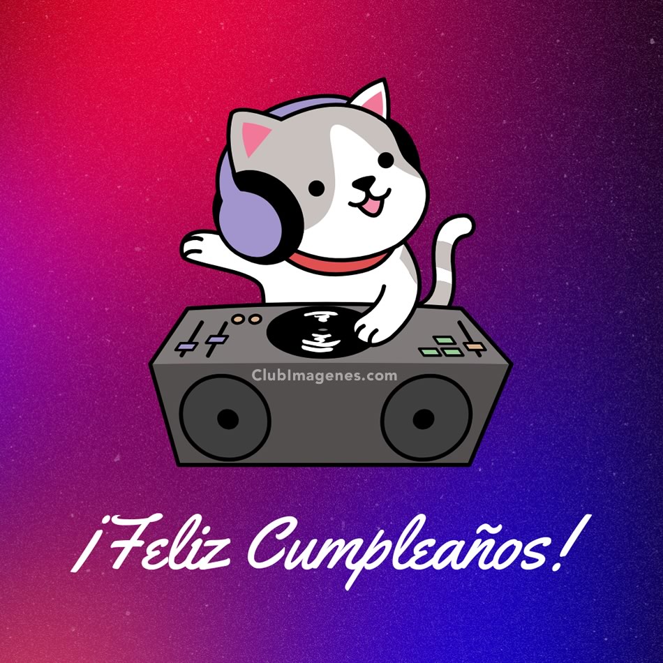 ilustración de gato DJ con texto: feliz cumpleanos