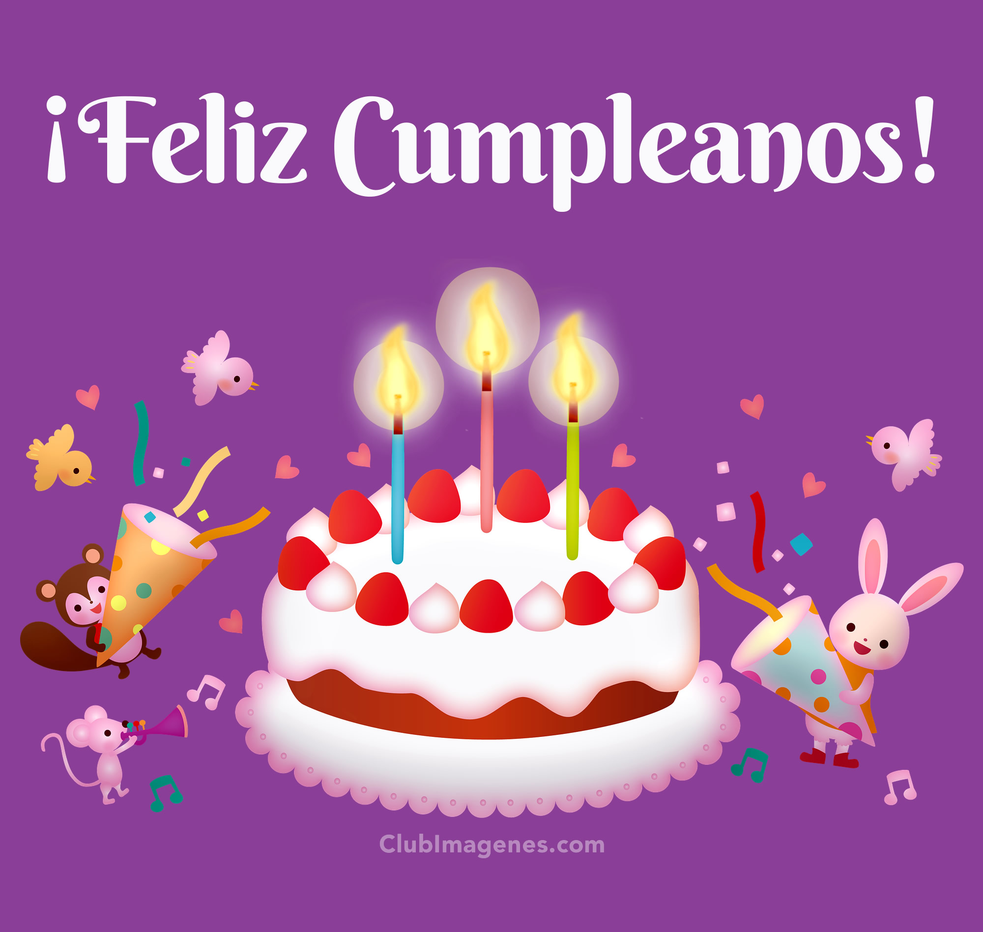 lindos animales celebran alrededor de un pastel de cumpleaños, con texto: feliz cumpleaños