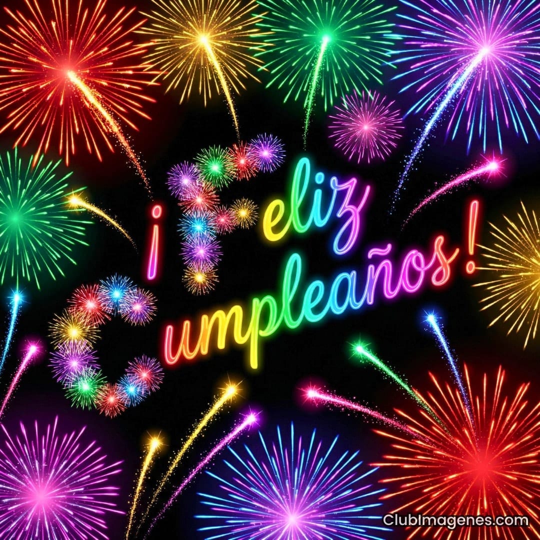 Fuegos artificiales coloridos en el cielo con texto brillante: ¡Feliz cumpleaños!