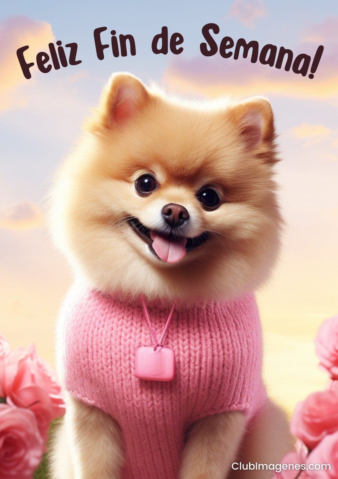 Un Pomerania con suéter rosa y un colgante desea un feliz fin de semana entre flores y cielo rosa