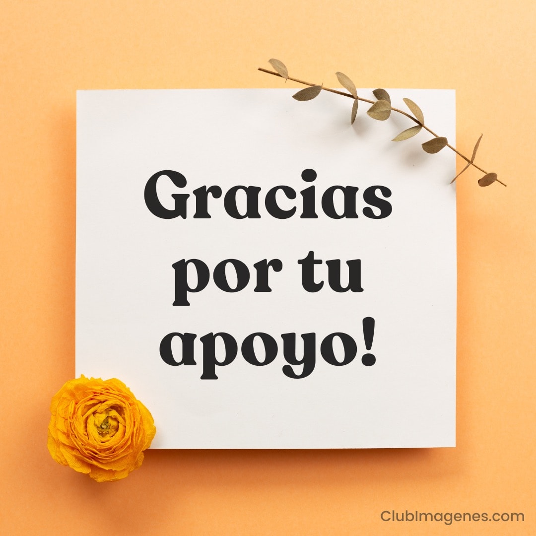 Tarjeta blanca con texto 'Gracias por tu apoyo' adornada con flor amarilla y rama