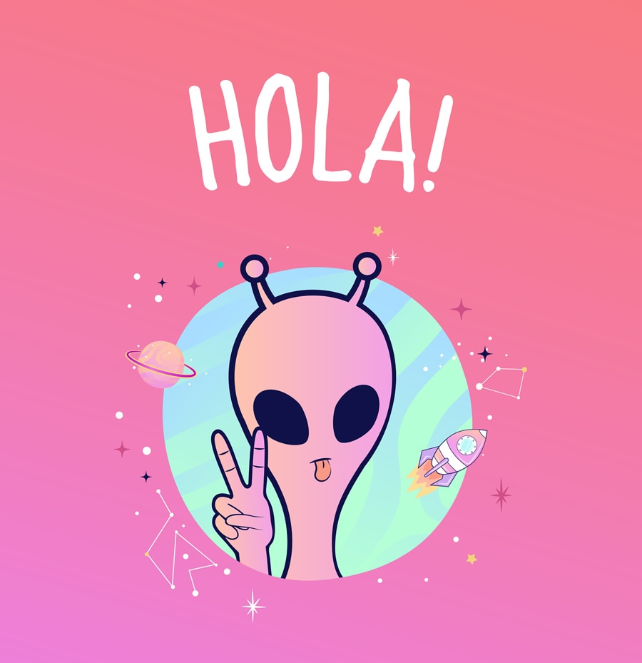 lindo extraterrestre rosa hace el signo de la paz con la palabra: hola