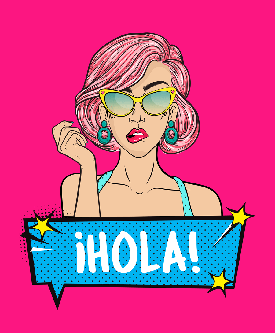 mujer con pelo rosa y gafas de sol al estilo pop art y la palabra: ¡hola!