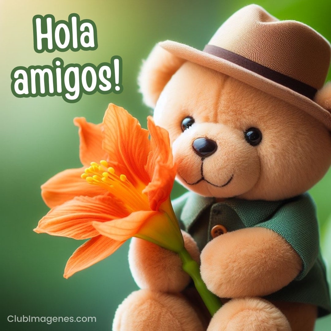 Un osito de peluche con sombrero sostiene una flor naranja y saluda con un 'Hola amigos!'