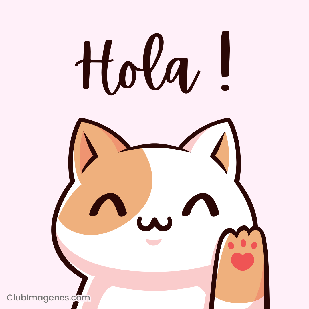 Un gato adorable con tonos blanco y naranja sonríe y saluda diciendo 'Hola!' en un fondo rosa