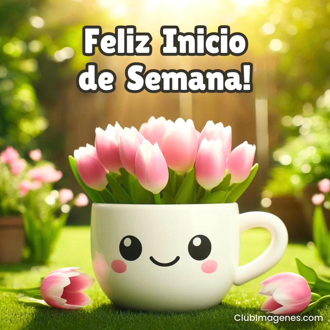 Taza con cara sonriente llena de tulipanes rosados y un mensaje de buen inicio de semana