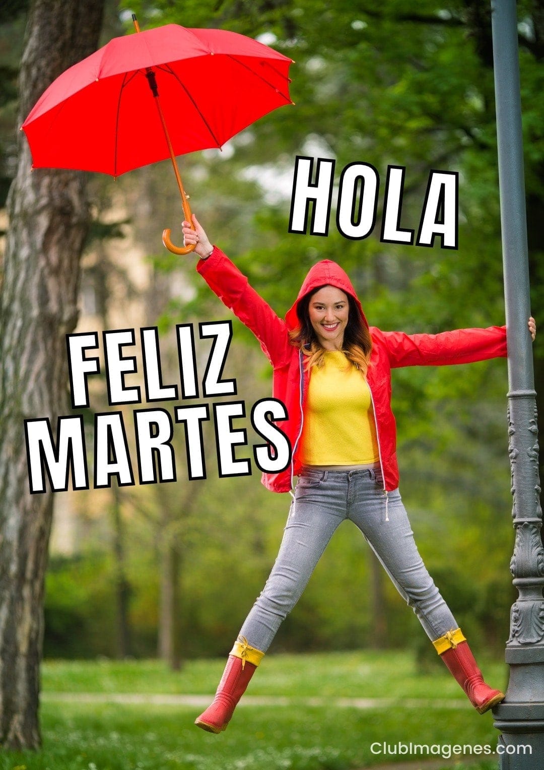 mujer se balancea desde un poste de luz sosteniendo un paraguas rojo, con texto: hola, feliz martes