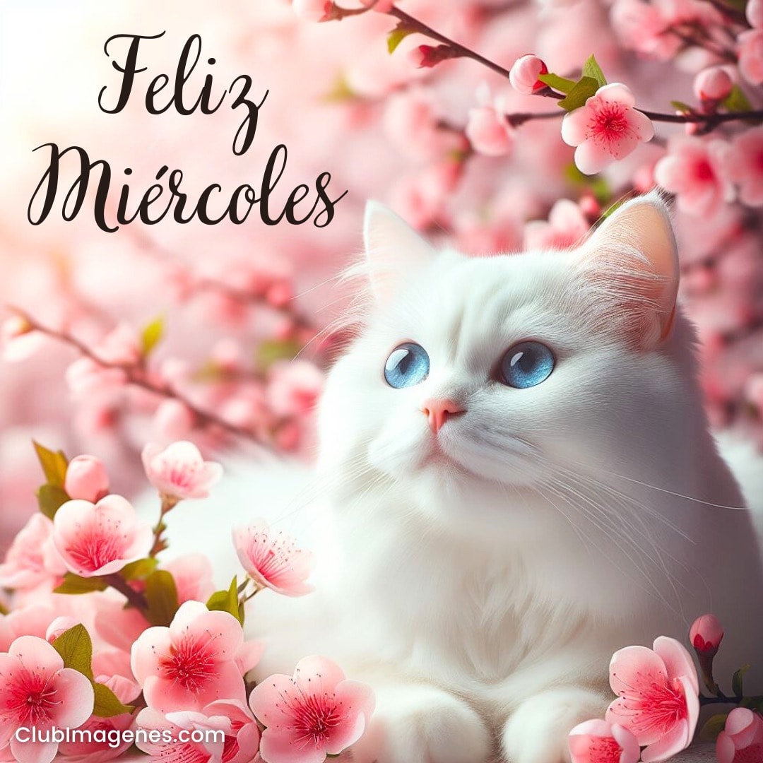 Un gato blanco con ojos azules entre flores de cerezo y un mensaje que dice 'Feliz Miércoles'