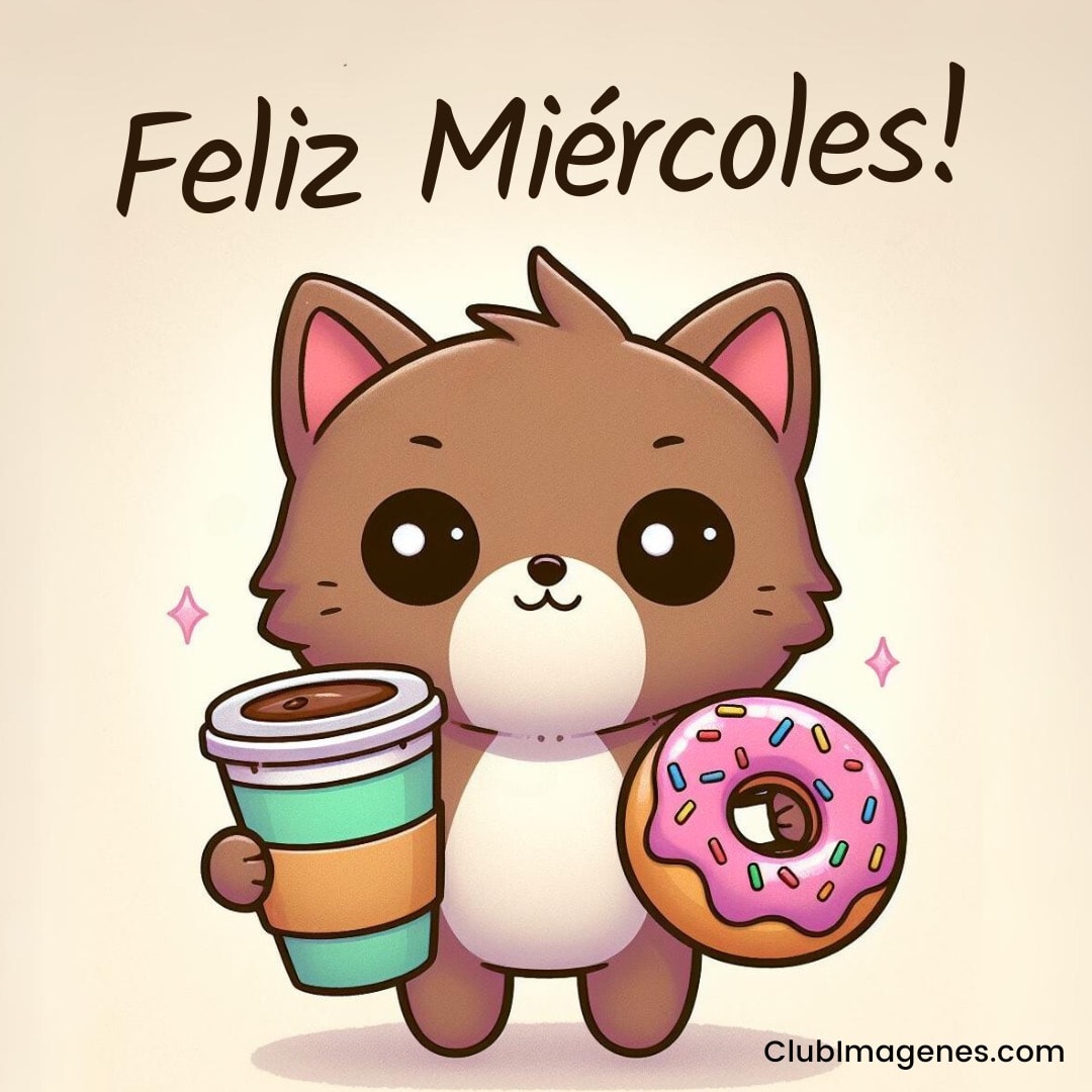 Un dibujo de un tierno gato marrón con un café y dona diciendo 'Feliz Miércoles'