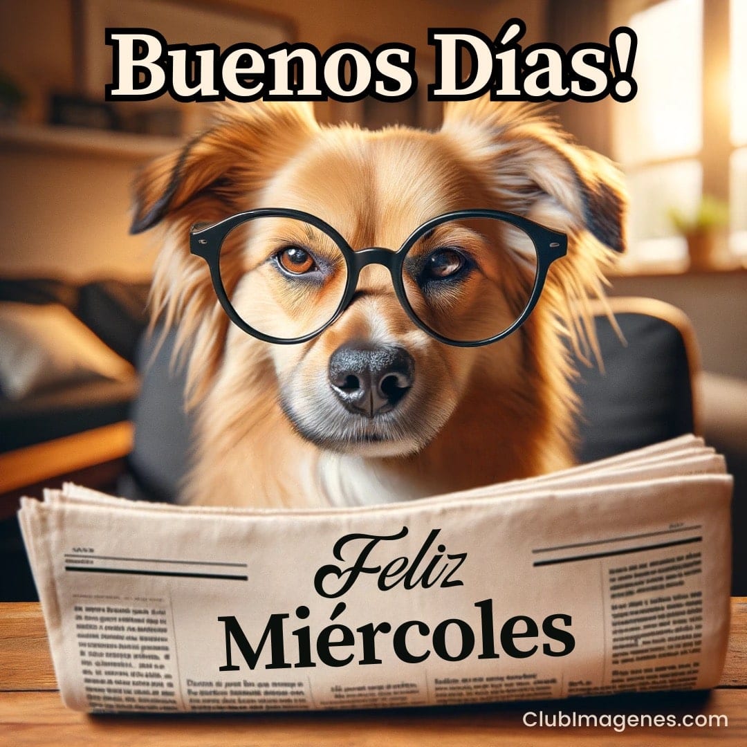 Un perro con gafas se prepara intelectualmente para empezar el día leyendo el periódico. Perro con gafas sostiene un periódico que dice 'Feliz Miércoles'