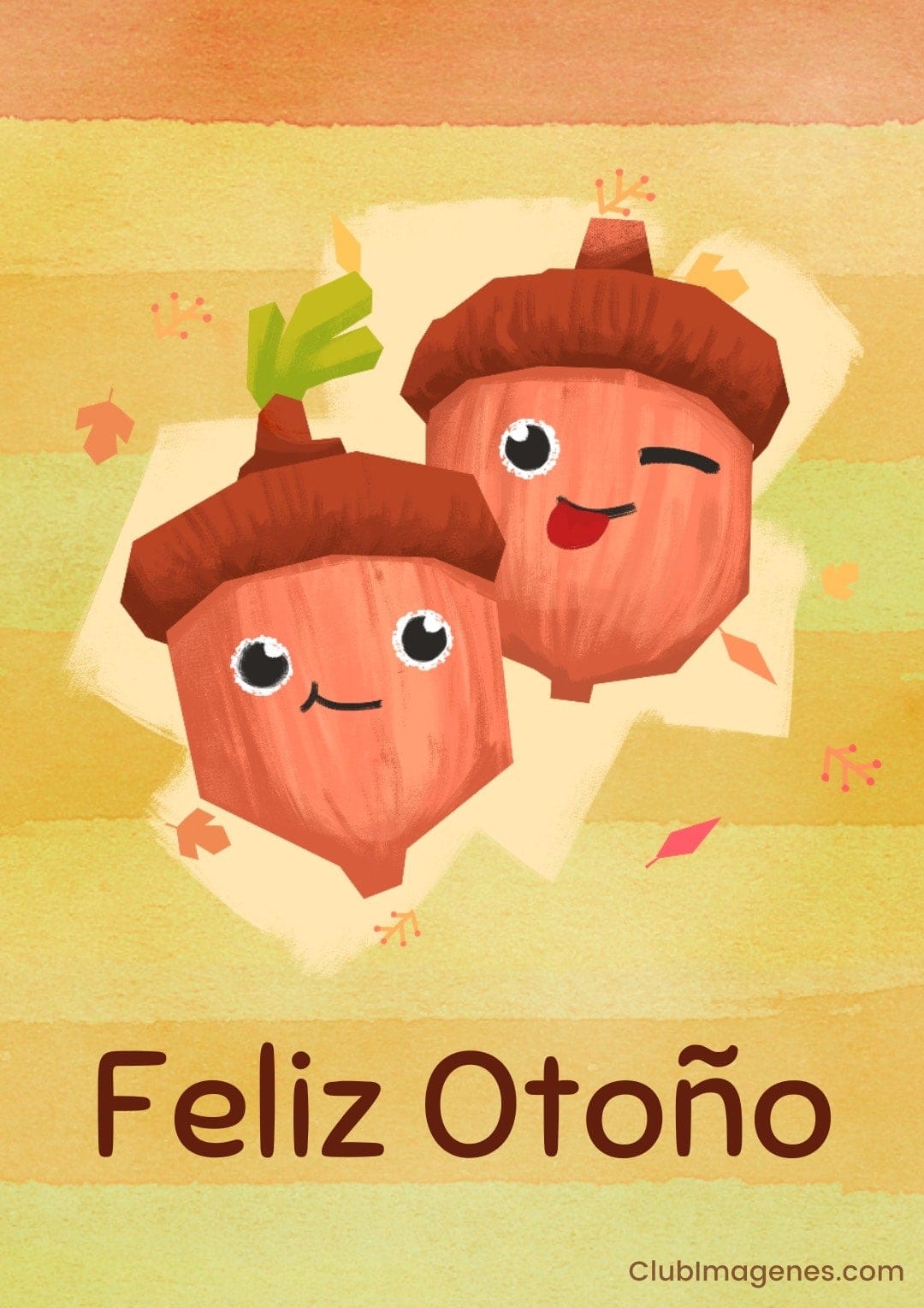 ilustración de dos lindas bellotas con caras, con texto: feliz otono