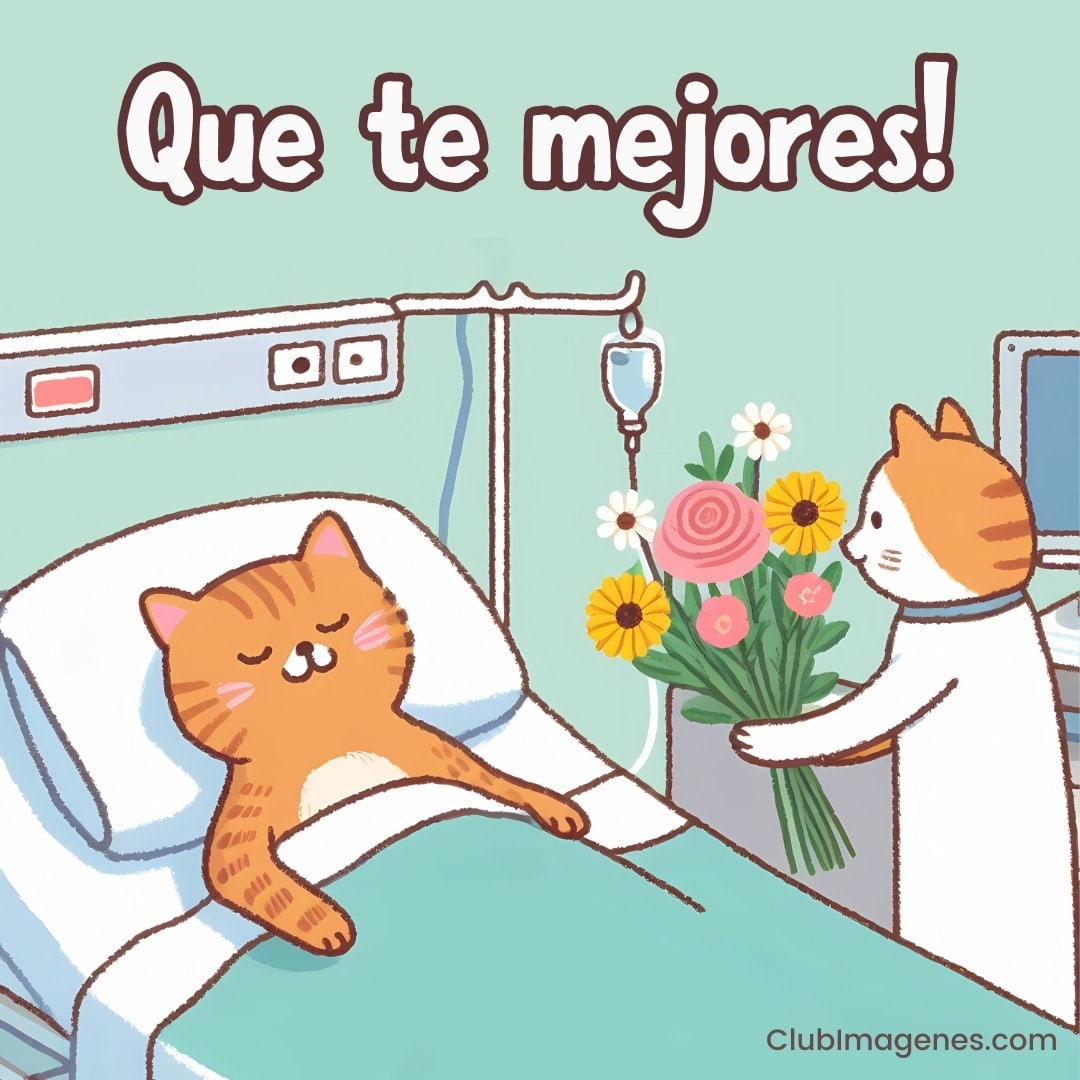 Gato acostado en una cama de hospital, otro gato le entrega flores. Texto en grande dice 'Que te mejores!'