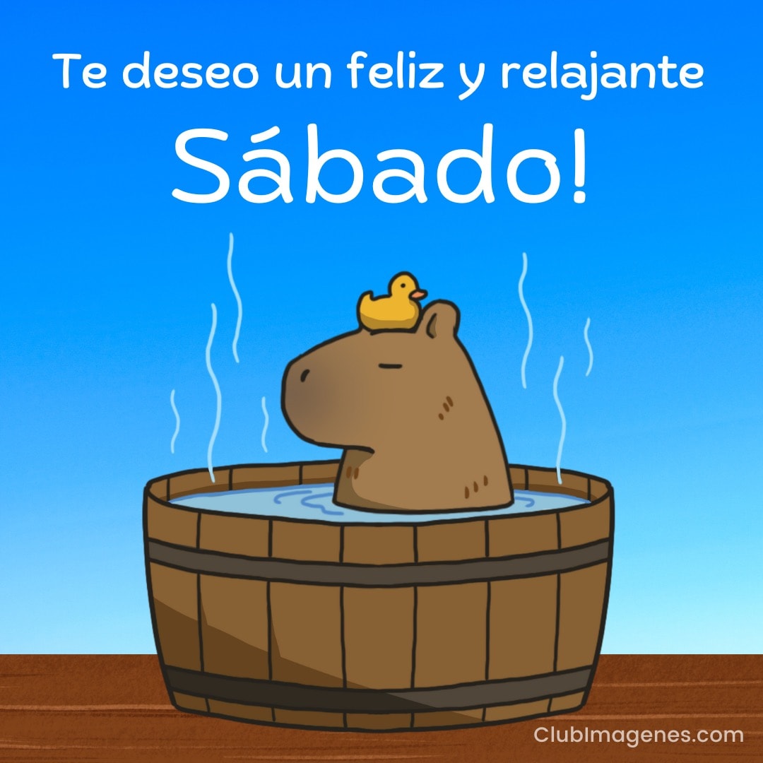 Un capibara disfruta de un baño caliente con un patito de goma en su cabeza, con el mensaje 'Feliz y relajante sábado'