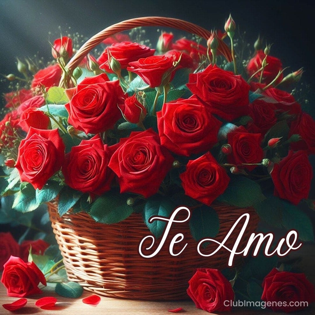 Canasta de rosas rojas con la frase 'Te Amo' en cursiva sobre fondo oscuro