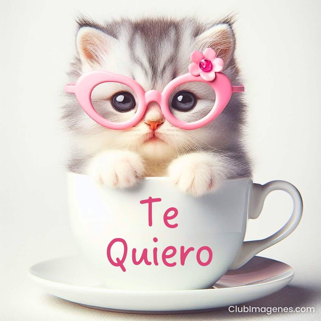 Un gatito con gafas rosas en una taza con las palabras 'Te Quiero'