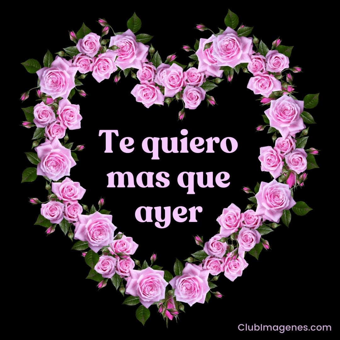 Corazón formado por rosas rosadas con texto 'Te quiero más que ayer'