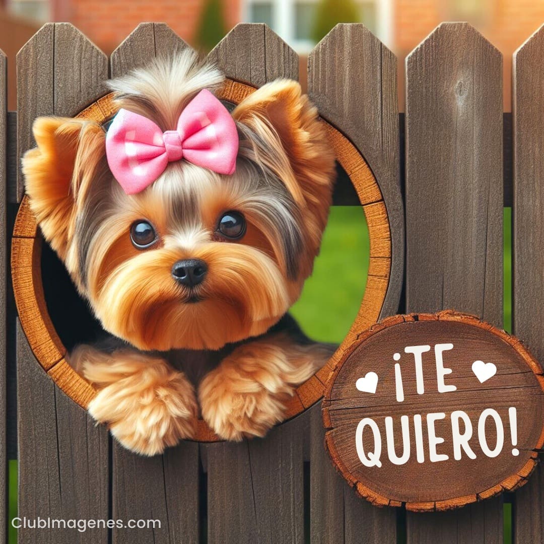 Un adorable perro con un lazo rosa asoma por un hueco en una valla de madera, junto a un cartel que dice ¡Te Quiero!