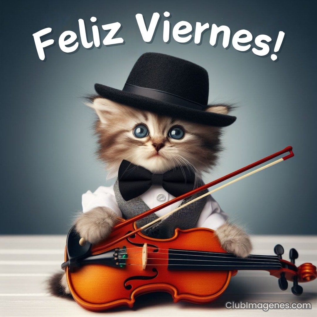 Un gatito con sombrero toca un violín y dice 'Feliz Viernes'