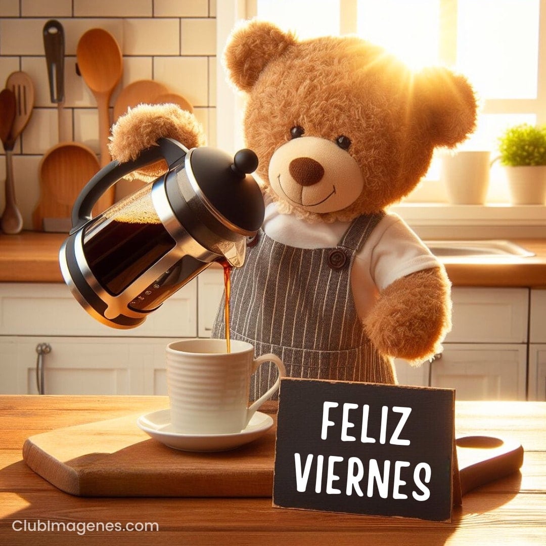Un oso de peluche sirve café con un cartel que dice 'Feliz Viernes'